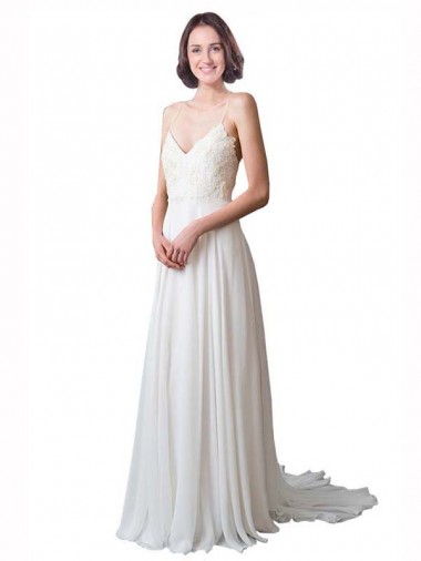 Sleeveless Spaghetti Straps Soft Chiffon & Lace A-Line Beach Wedding Dress Newcastle