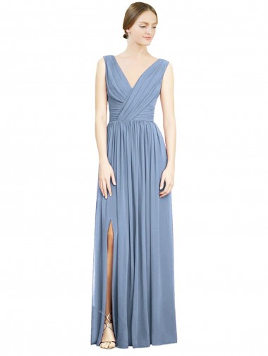 Sleeveless Dusty Blue V-Neck Soft Chiffon A-Line Semi Formal Evening Dress / Bridesmaid Dress Newcastle
