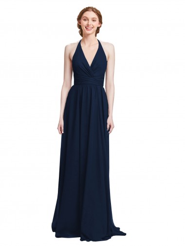 Sleeveless Dark Navy Halter Neck Chiffon A-Line Formal Dress / Bridesmaid Dress Newcastle