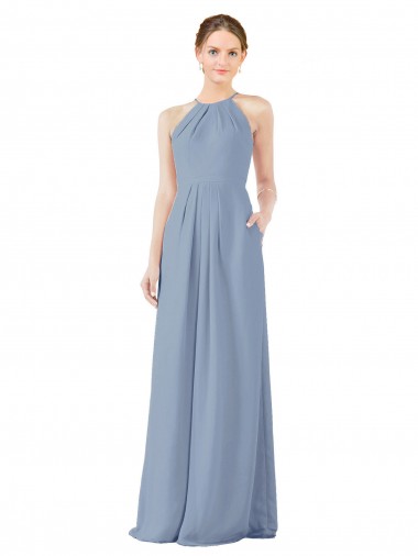 Sleeveless Dusty Blue Halter Neck Keyhole Back Soft Chiffon Sheath Bridesmaid Dress Newcastle