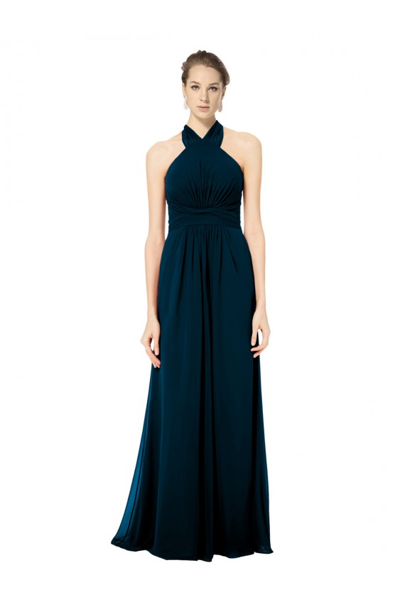 Sleeveless Midnight Green Halter Neck Open Back Soft Chiffon A-Line Formal Dress / Bridesmaid Dress Newcastle