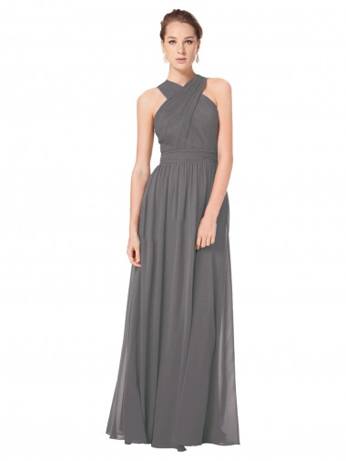 Sleeveless Stormy Silver Halter Neck Keyhole Back Soft Chiffon A-Line Bridesmaid Dress Newcastle