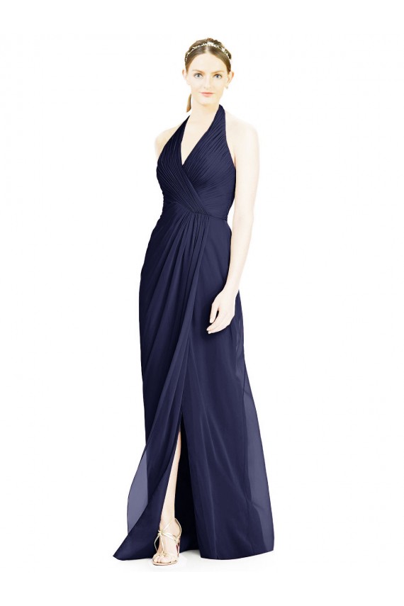 Sleeveless Dark Navy Halter Neck Open Back Soft Chiffon A-Line Formal Dress / Bridesmaid Dress Newcastle