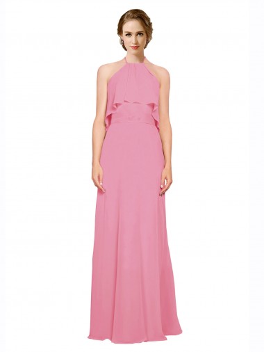 Sleeveless Skin Pink Halter Neck Low Back Soft Chiffon A-Line Bridesmaid Dress Newcastle