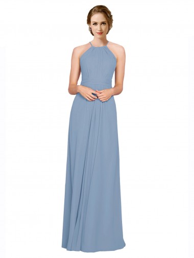 Sleeveless Dusty Blue Halter Neck Criss Cross Open Back Chiffon A-Line Bridesmaid Dress / Evening Dress Newcastle