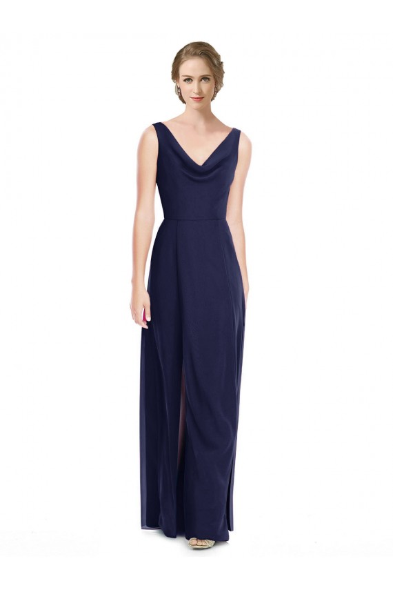 Sleeveless Dark Navy Cowl Neck V-Back Soft Chiffon A-Line Bridesmaid Dress Newcastle