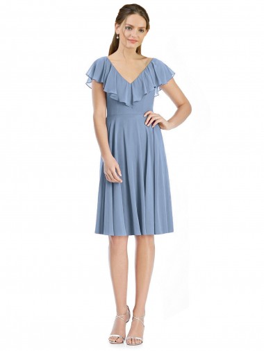 Cap Sleeves Dusty Blue V-Neck V-Back Soft Chiffon A-Line Bridesmaid Dress Newcastle