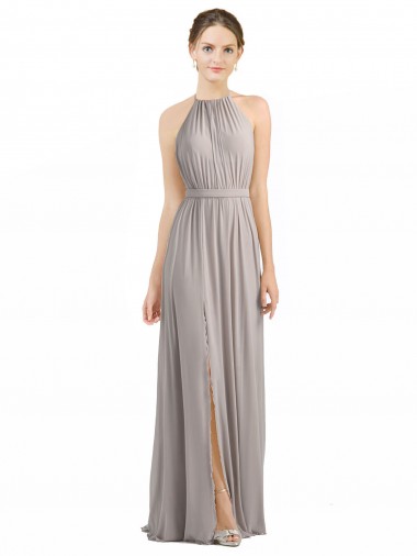 Sleeveless Oyster Silver Halter Neck Open Back Soft Chiffon A-Line Bridesmaid Dress Newcastle