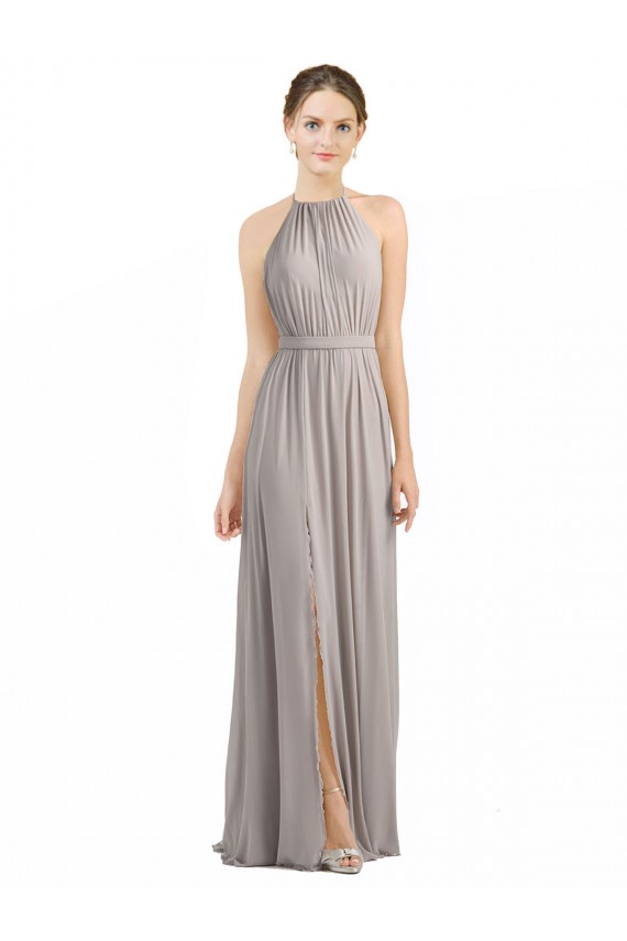 Sleeveless Oyster Silver Halter Neck Open Back Soft Chiffon A-Line Bridesmaid Dress Newcastle