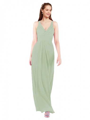 Sleeveless Smoke Green V-Neck Keyhole Back Soft Chiffon Sheath Bridesmaid Dress Newcastle