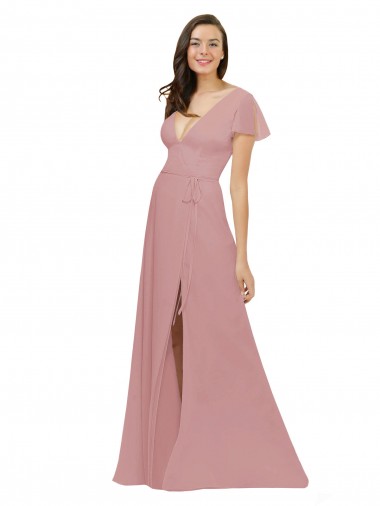 Flutter Sleeves Dusty Pink V-Neck V-Back Chiffon A-Line Bridesmaid Dress / Evening Dress Newcastle