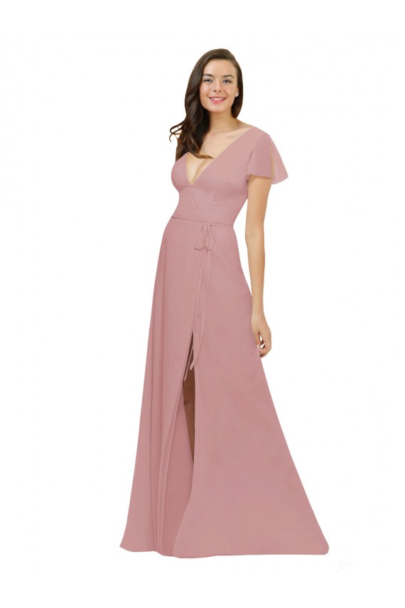 Flutter Sleeves Dusty Pink V-Neck V-Back Chiffon A-Line Bridesmaid Dress / Evening Dress Newcastle
