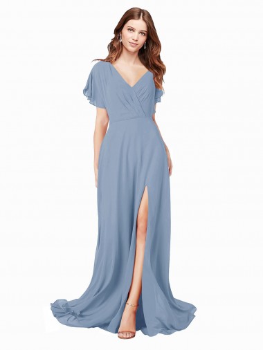 Cap Sleeves V-Neck Soft Chiffon A-Line Black Tie Prom Dress / Bridesmaid Dress Newcastle