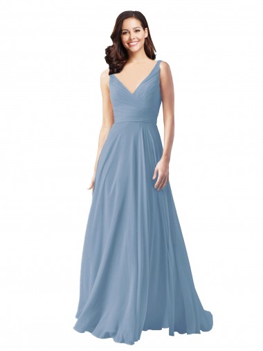 Sleeveless Dusty Blue V-Neck Chiffon A-Line Wedding Party Dress Newcastle
