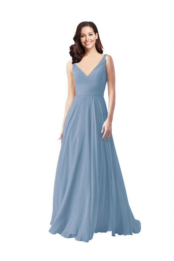 Sleeveless Dusty Blue V-Neck Chiffon A-Line Wedding Party Dress Newcastle