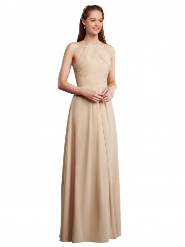 Sleeveless Champagne Halter Neck Low Back Soft Chiffon A-Line Bridesmaid Dress Newcastle