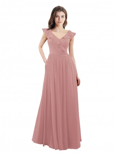 Cap Sleeves Dusty Pink V-Neck V-Back Soft Chiffon A-Line Bridesmaid Dress Newcastle