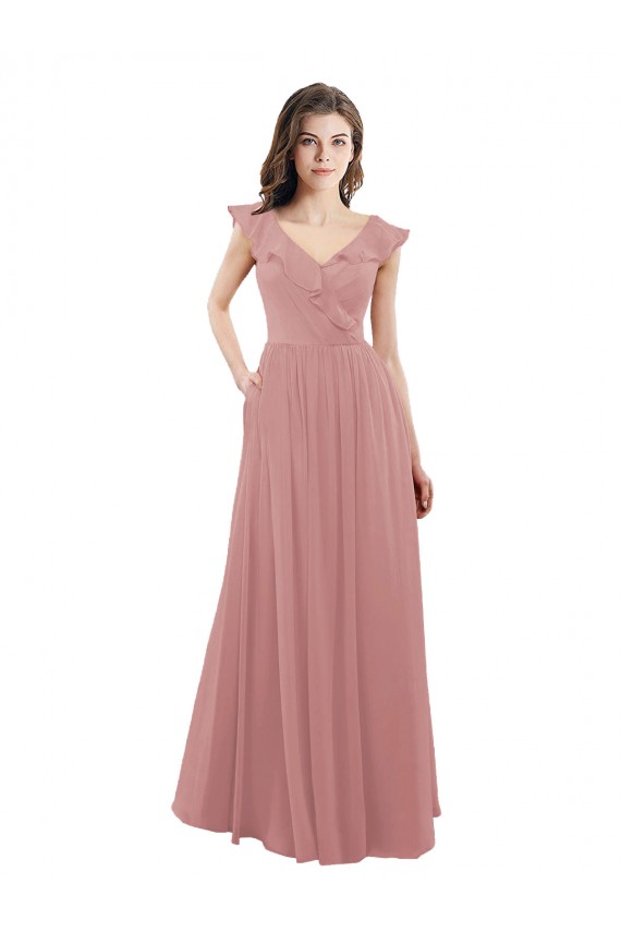 Cap Sleeves Dusty Pink V-Neck V-Back Soft Chiffon A-Line Bridesmaid Dress Newcastle