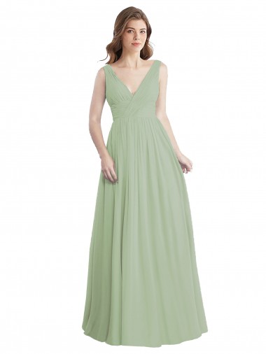 Sleeveless Smoke Green V-Neck V-Back Soft Chiffon A-Line Formal Dress / Bridesmaid Dress Newcastle