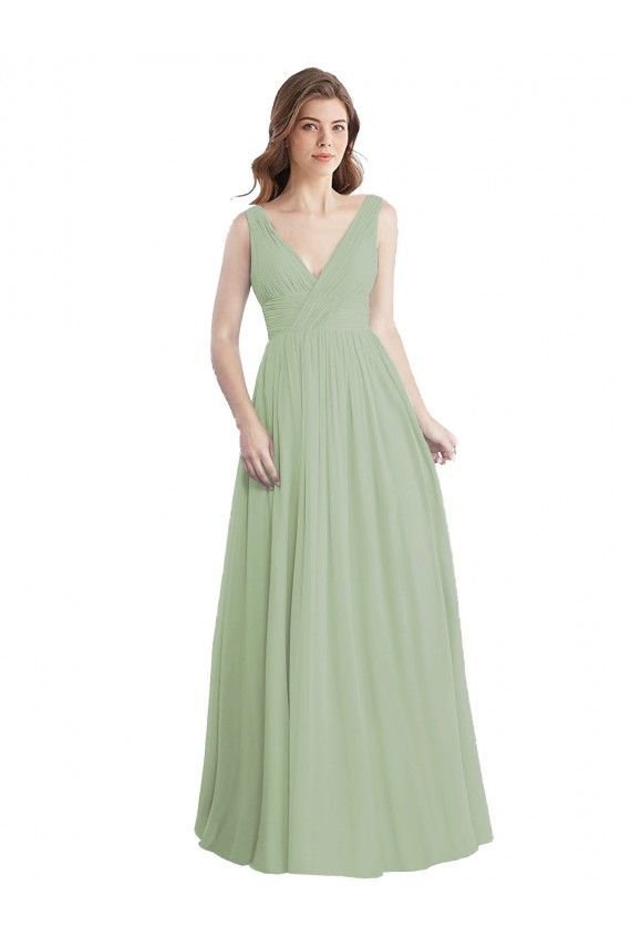 Sleeveless Smoke Green V-Neck V-Back Soft Chiffon A-Line Formal Dress / Bridesmaid Dress Newcastle