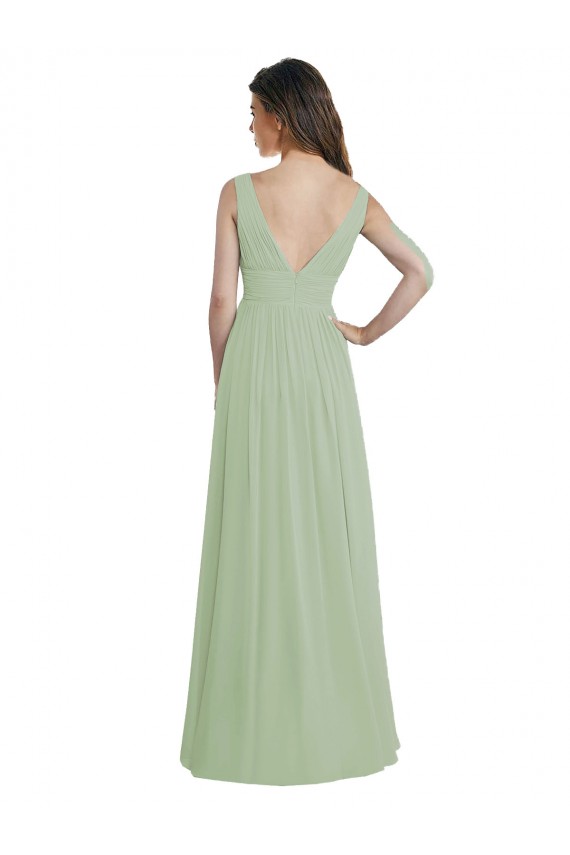 Sleeveless Smoke Green V-Neck V-Back Soft Chiffon A-Line Formal Dress / Bridesmaid Dress Newcastle