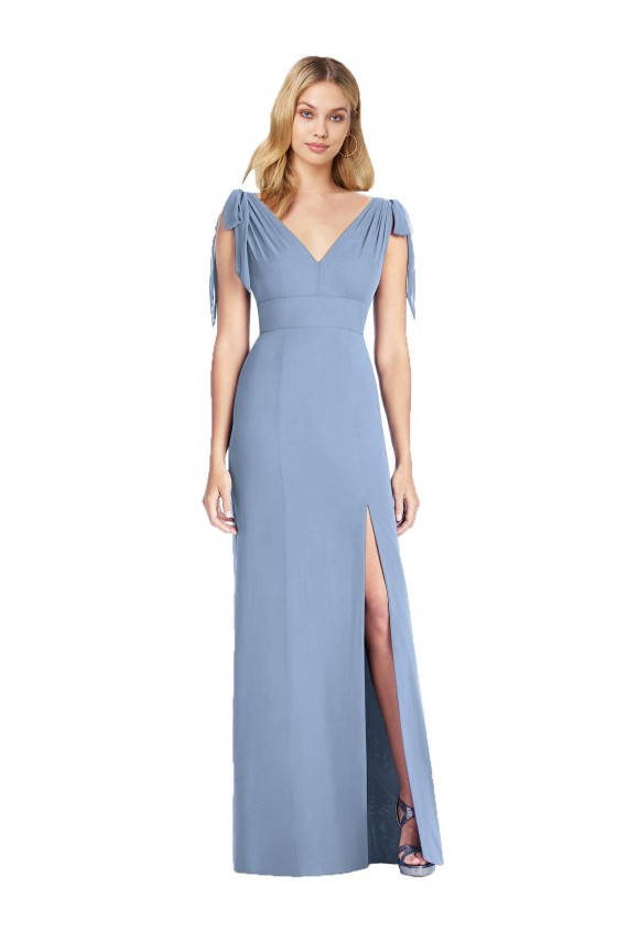 Sleeveless Dusty Blue V-Neck V-Back Soft Chiffon Mermaid Bridesmaid Dress Newcastle