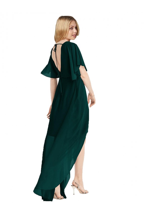 Flutter Sleeves Round Neck Open Back Soft Chiffon A-Line High Low Bridesmaid Dress Newcastle