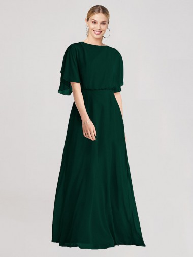 Flutter Sleeves Round Neck Open Back Soft Chiffon A-Line Bridesmaid Dress Newcastle