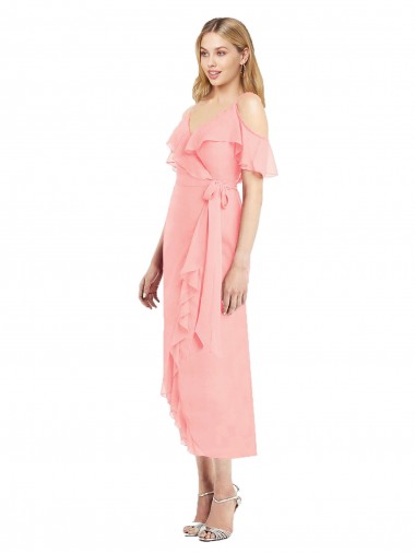 Cold Shoulder Salmon Spaghetti Straps Soft Chiffon Trumpet High Low Bridesmaid Dress Newcastle