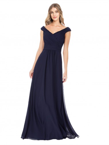 Sleeveless Dark Navy Off the Shoulder Soft Chiffon A-Line Evening Dress / Bridesmaid Dress Newcastle