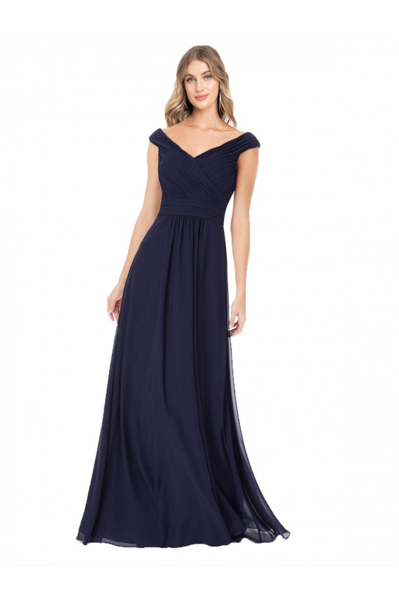 Sleeveless Dark Navy Off the Shoulder Soft Chiffon A-Line Evening Dress / Bridesmaid Dress Newcastle