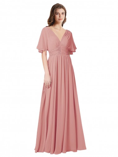 Flutter Sleeves V-Neck V-Back Soft Chiffon A-Line Bridesmaid Dress Newcastle