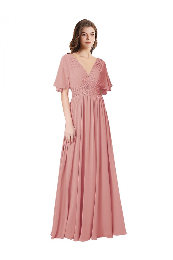Flutter Sleeves V-Neck V-Back Soft Chiffon A-Line Bridesmaid Dress Newcastle