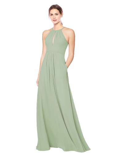Sleeveless Smoke Green Halter Neck Keyhole Back Soft Chiffon A-Line Bridesmaid Dress Newcastle