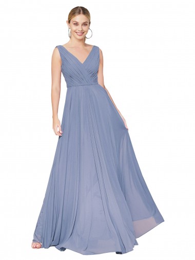 Sleeveless Dusty Blue V-Neck V-Back Soft Chiffon A-Line Formal Evening Gown / Prom Dress / Bridesmaid Dress Newcastle