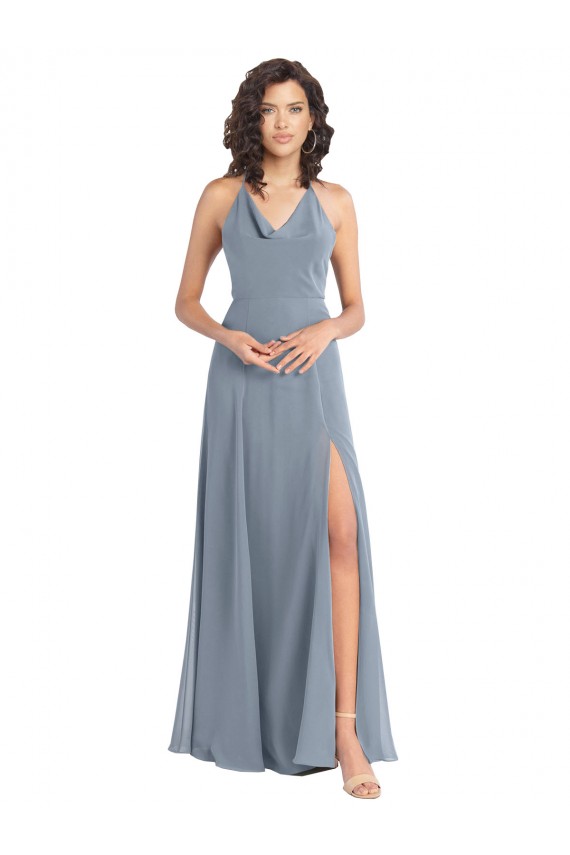 Sleeveless Dusty Blue Halter Neck V-Back Soft Chiffon A-Line Bridesmaid Dress Newcastle