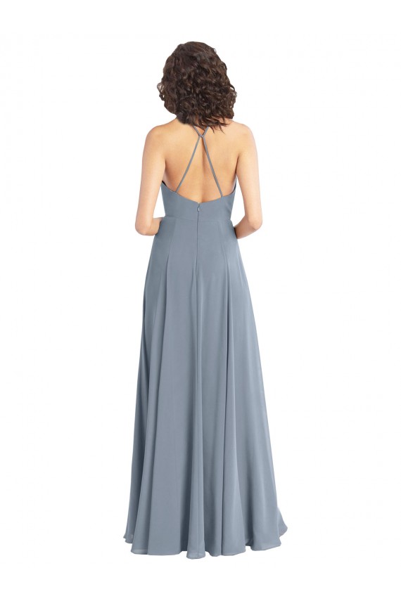 Sleeveless Dusty Blue Halter Neck V-Back Soft Chiffon A-Line Bridesmaid Dress Newcastle