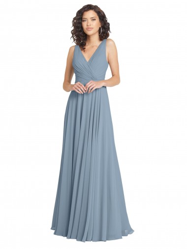 Sleeveless Dusty Blue V-Neck V-Back Soft Chiffon A-Line Bridesmaid Dress Newcastle
