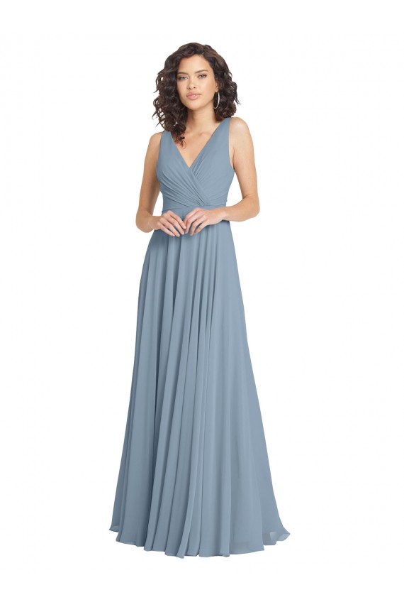 Sleeveless Dusty Blue V-Neck V-Back Soft Chiffon A-Line Bridesmaid Dress Newcastle