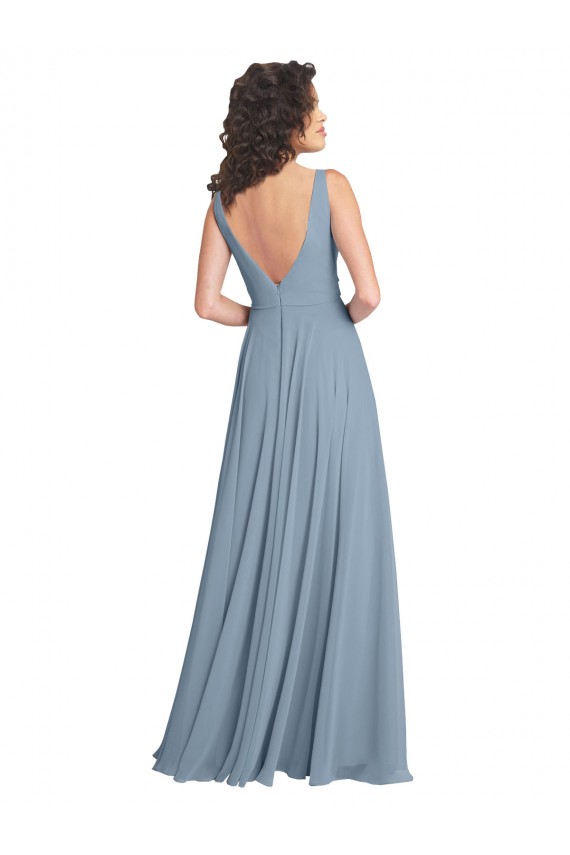 Sleeveless Dusty Blue V-Neck V-Back Soft Chiffon A-Line Bridesmaid Dress Newcastle