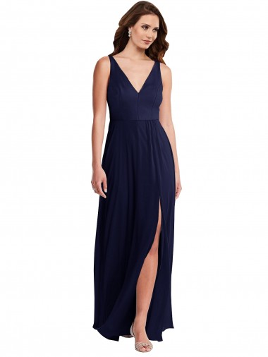 Sleeveless Dark Navy V-Neck V-Back Soft Chiffon A-Line Black Tie Evening Gown / Bridesmaid Dress Newcastle