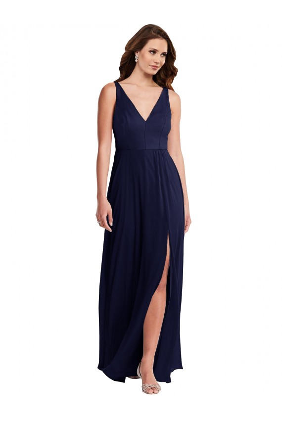 Sleeveless Dark Navy V-Neck V-Back Soft Chiffon A-Line Black Tie Evening Gown / Bridesmaid Dress Newcastle