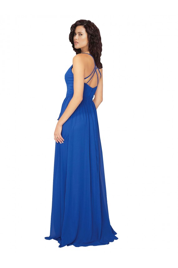 Sleeveless Royal Blue V-Neck Criss Cross Back Soft Chiffon A-Line Evening Dress / Bridesmaid Dress Newcastle