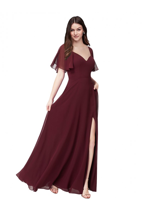 Short Flutter Sleeves Sweetheart Keyhole Back Soft Chiffon A-Line Formal Dress / Bridesmaid Dress Newcastle