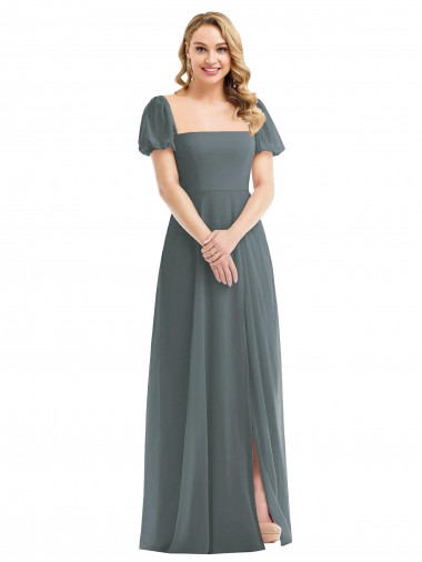 Puff Sleeves Square Neck Soft Chiffon A-Line Semi Formal Evening Dress / Bridesmaid Dress Newcastle