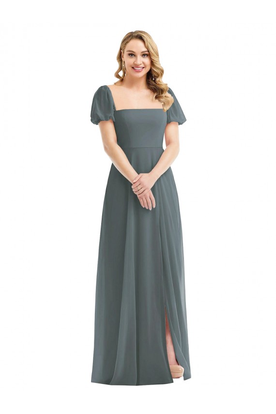 Puff Sleeves Square Neck Soft Chiffon A-Line Semi Formal Evening Dress / Bridesmaid Dress Newcastle