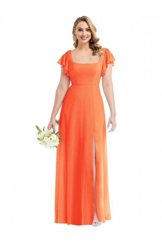 Flutter Sleeves Square Neck Open Back Soft Chiffon A-Line Semi Formal Evening Dress / Bridesmaid Dress Newcastle