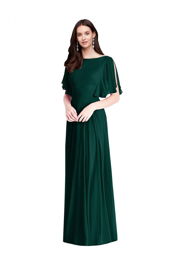 Bell Sleeves Bateau Neck V-Back Soft Chiffon A-Line Semi Formal Evening Dress / Bridesmaid Dress Newcastle