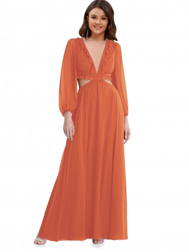 Long Sleeves V-Neck Open Back Soft Chiffon A-Line High Low Evening Gown / Bridesmaid Dress Newcastle