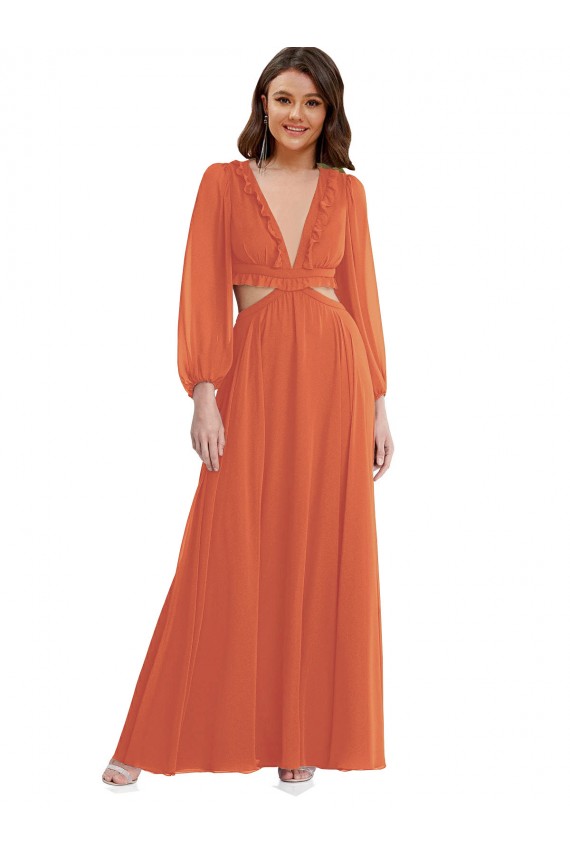 Long Sleeves V-Neck Open Back Soft Chiffon A-Line High Low Evening Gown / Bridesmaid Dress Newcastle